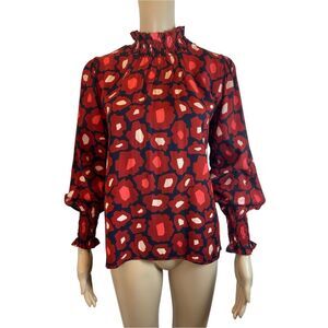 Compañia Fantastica Smocked High Neck Neck Red Floral Print Blouse size S